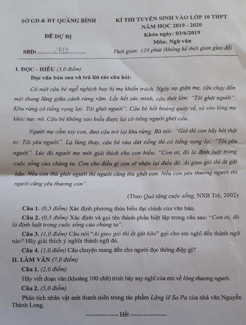 Đề thi tuyển sinh vào lớp 10 THPT môn Ngữ Văn tỉnh Quảng Bình năm 2019 - đề dự bị