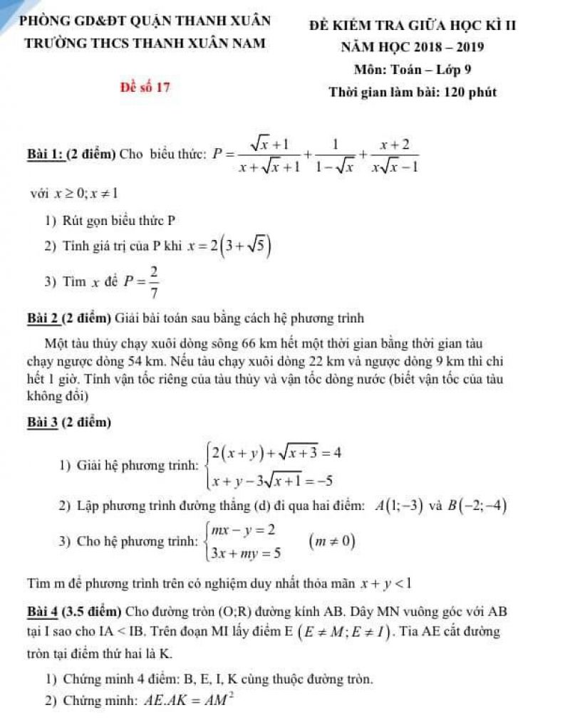 Đề kiểm tra giữa học kì II môn Toán lớp 9 Trường THCS Thanh Xuân Nam, quận Thanh Xuân, Hà Nội năm 2018