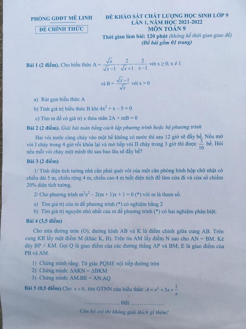 Đề khảo sát chất lượng học sinh môn Toán lớp 9 lần 1, huyện Mê Linh, Hà Nội năm 2022