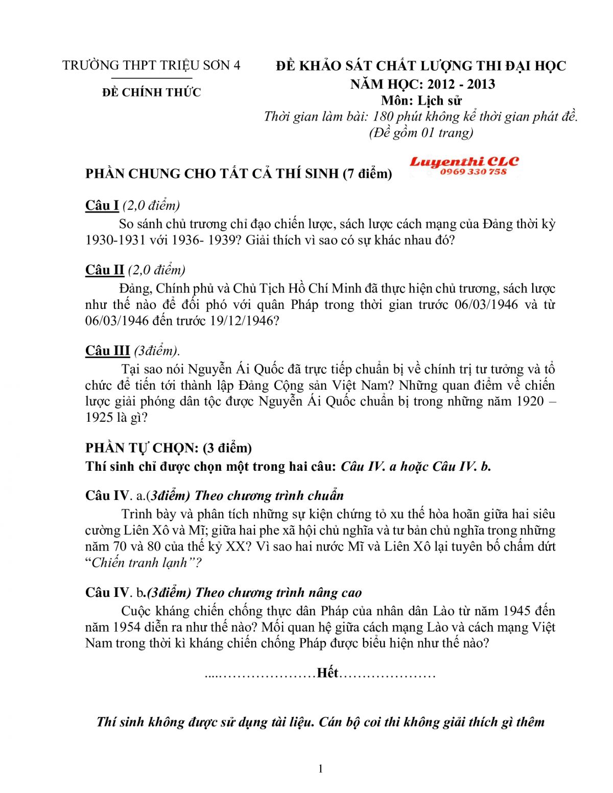 Đề khảo sát chất lượng thi đại học môn Lịch Sử, Trường THPT Thiệu Sơn 4 năm 2012