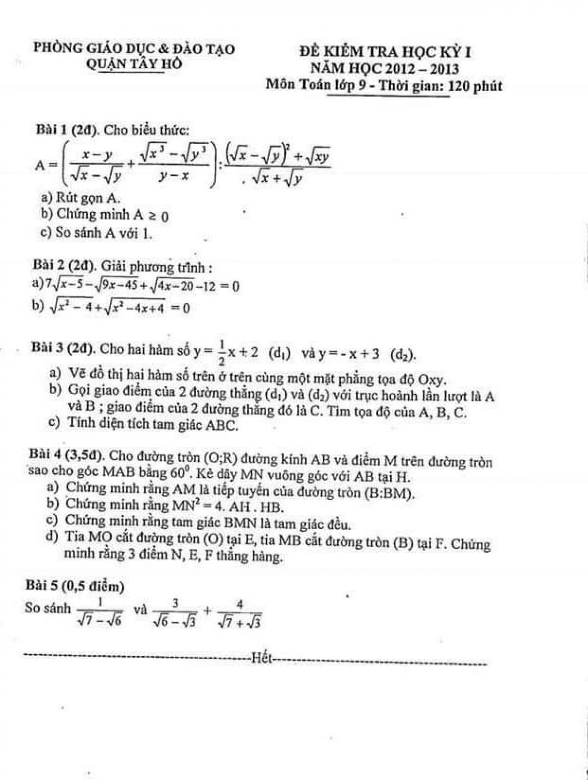 Đề kiểm tra học kì I môn Toán quận Tây Hồ năm 2012