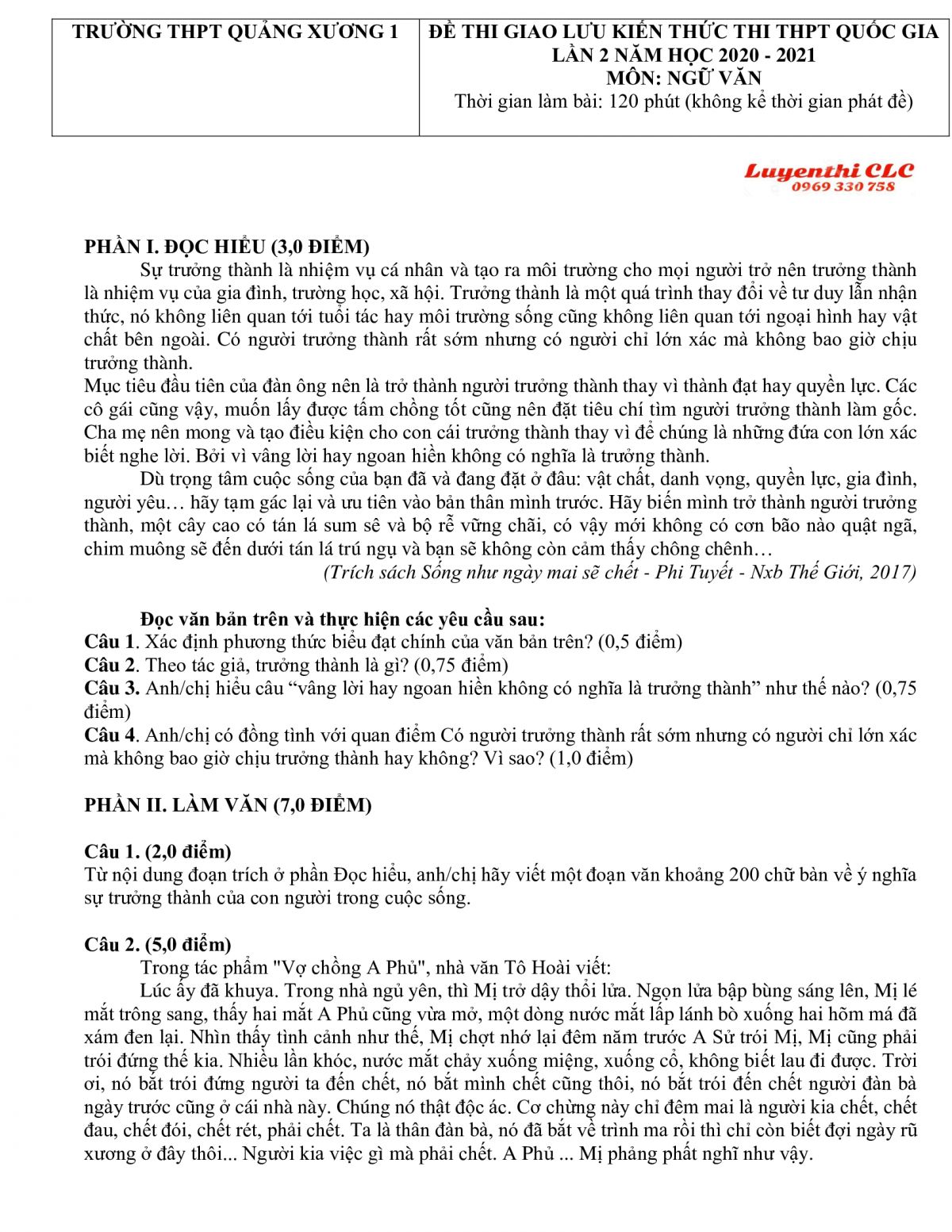 Đề thi giao lưu kiến thức thi THPT Quốc Gia lần 2 môn Ngữ Văn Trường THPT Quảng Xương 1, tỉnh Thanh Hóa năm 2021