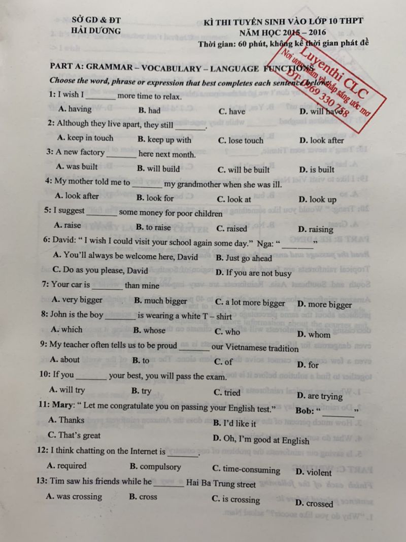 Đề thi tuyển sinh v&agrave;o lớp 10 THPT m&ocirc;n Tiếng Anh tỉnh Hải Dương năm 2015