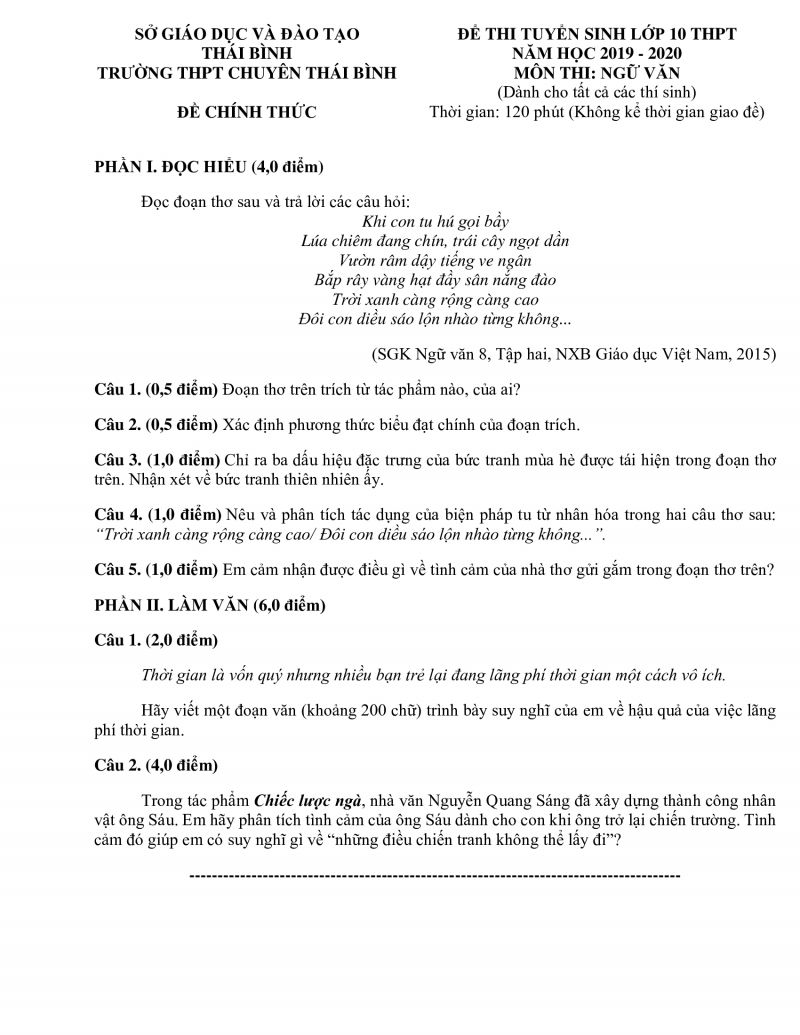 Đề thi tuyển sinh v&agrave;o lớp 10 m&ocirc;n Ngữ Văn Trường THPT CHUY&Ecirc;N Khoa học X&atilde; hội v&agrave; Nh&acirc;n văn năm  2020
