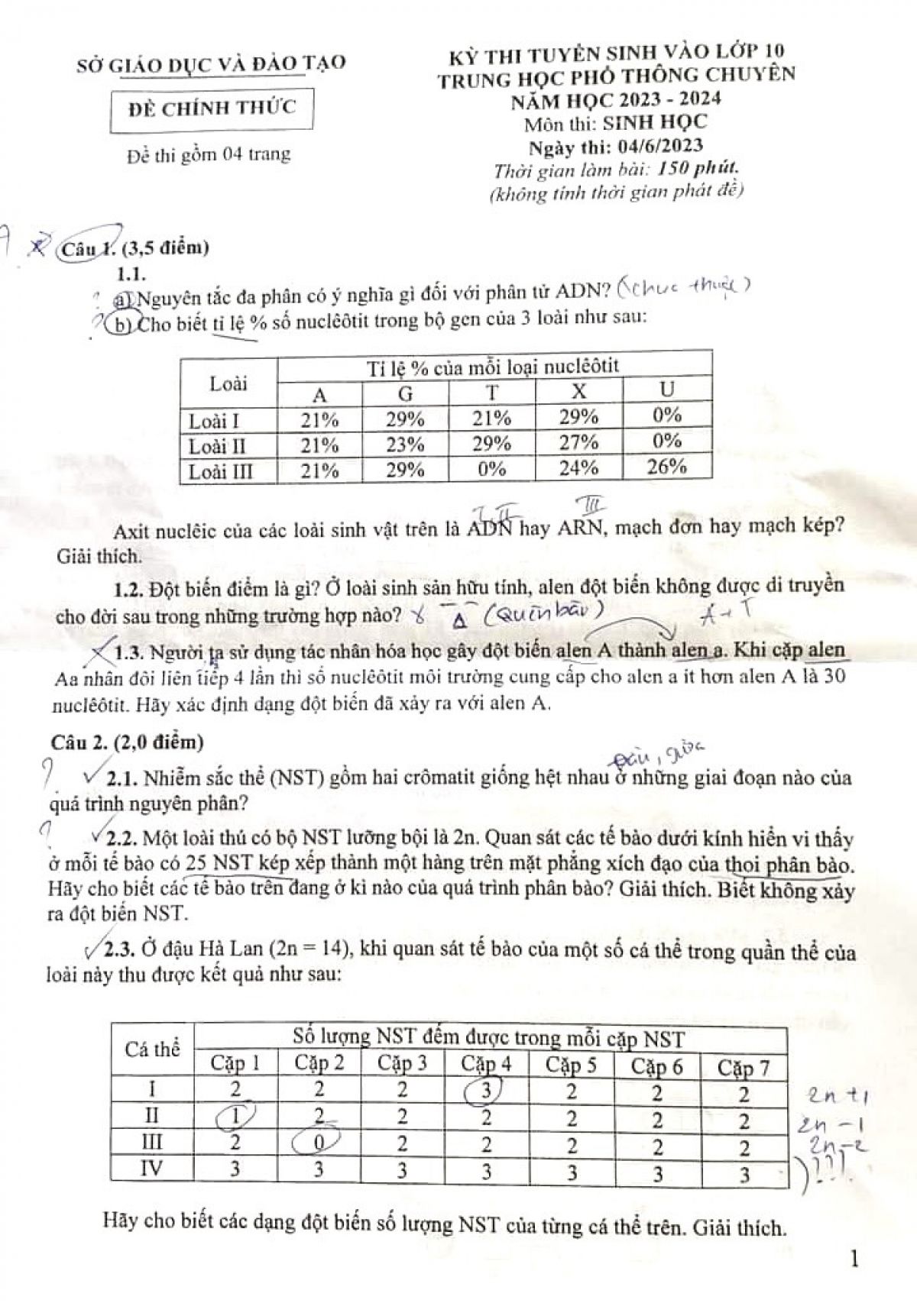 Đề thi tuyển sinh v&agrave;o lớp 10 THPT m&ocirc;n Sinh học năm 2023