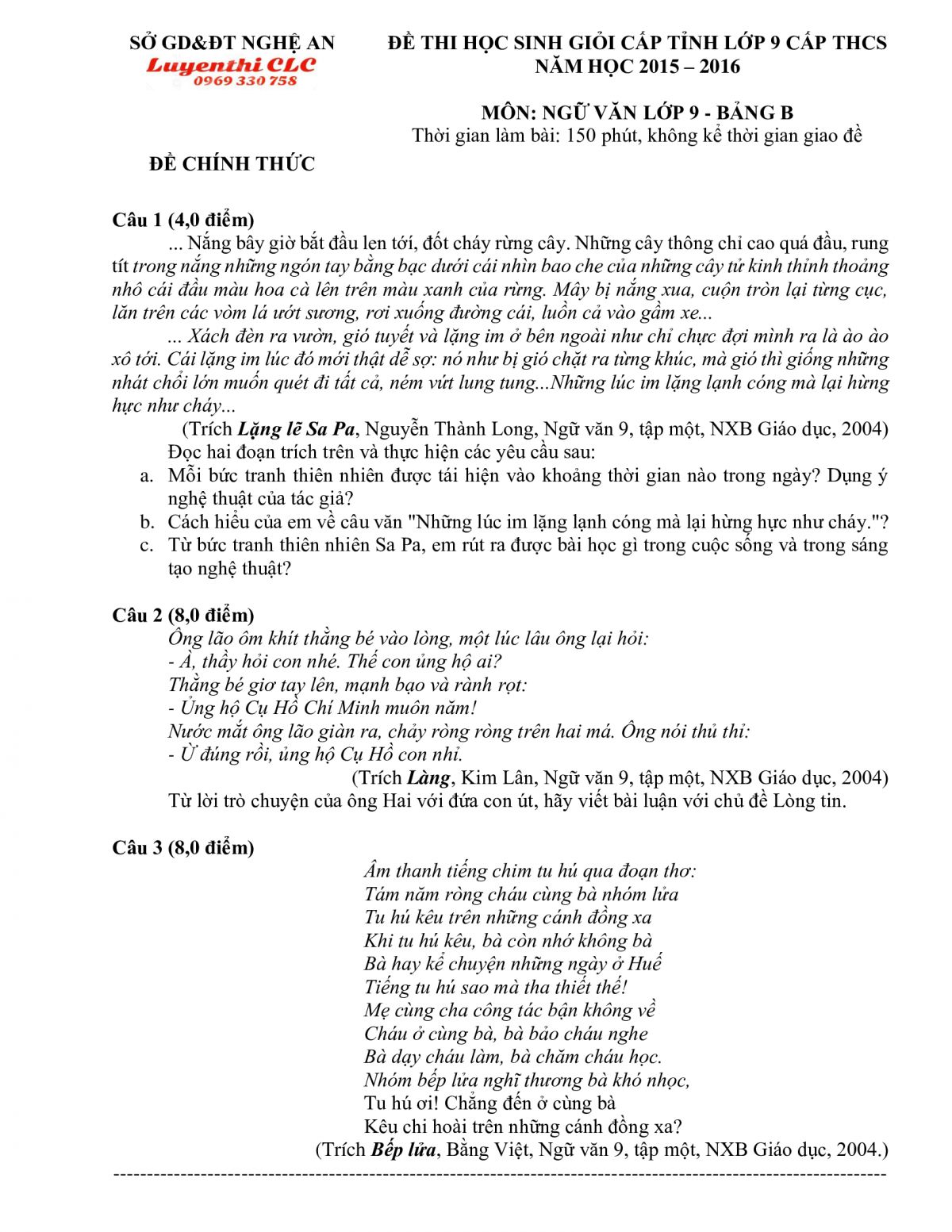 Đề thi chọn HSG tỉnh lớp 9 cấp THCS m&ocirc;n Lịch Sử - Bảng B tỉnh Nghệ An năm 2015