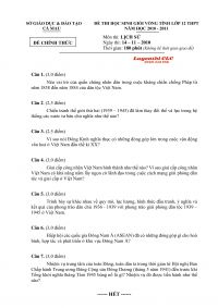 Đề thi HSG vòng tỉnh lớp 12 THPTmôn Lịch Sử tỉnh Cà Mau năm 2010