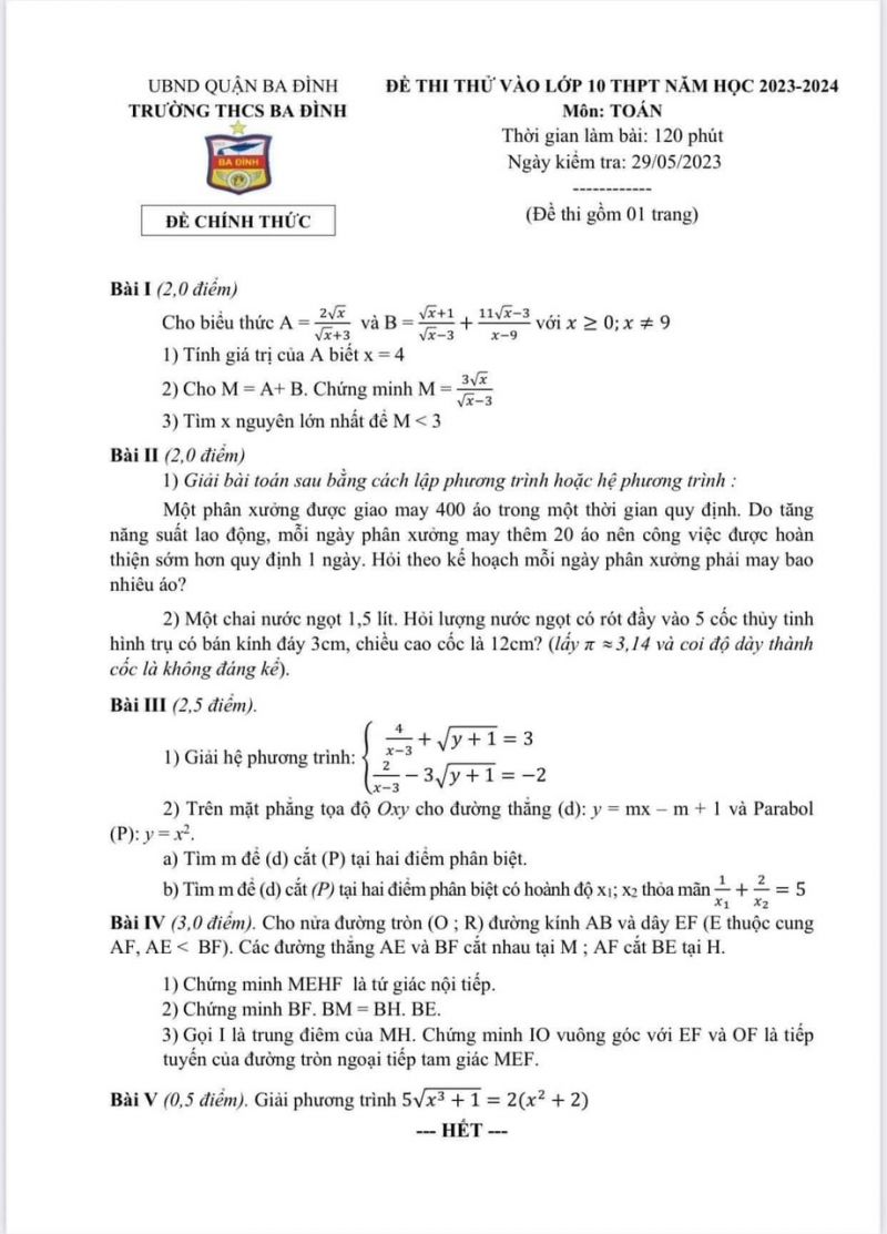 Đề thi thử v&agrave;o 10 THPT m&ocirc;n To&aacute;n Trường THCS Ba Đ&igrave;nh, H&agrave; Nội năm 2023