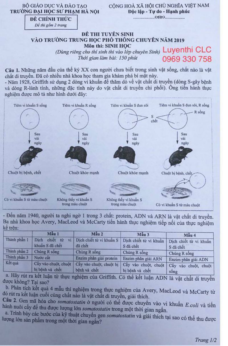 Đề thi tuyển sinh lớp 10 trường THPT CHUYÊN năm 2019 môn Sinh học