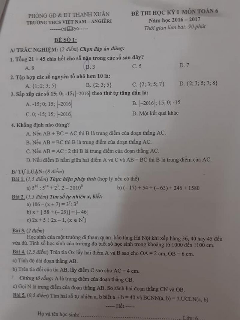 Đề thi học k&igrave; I m&ocirc;n To&aacute;n lớp 6 Trường THCS Việt Nam - Angieri năm 2016