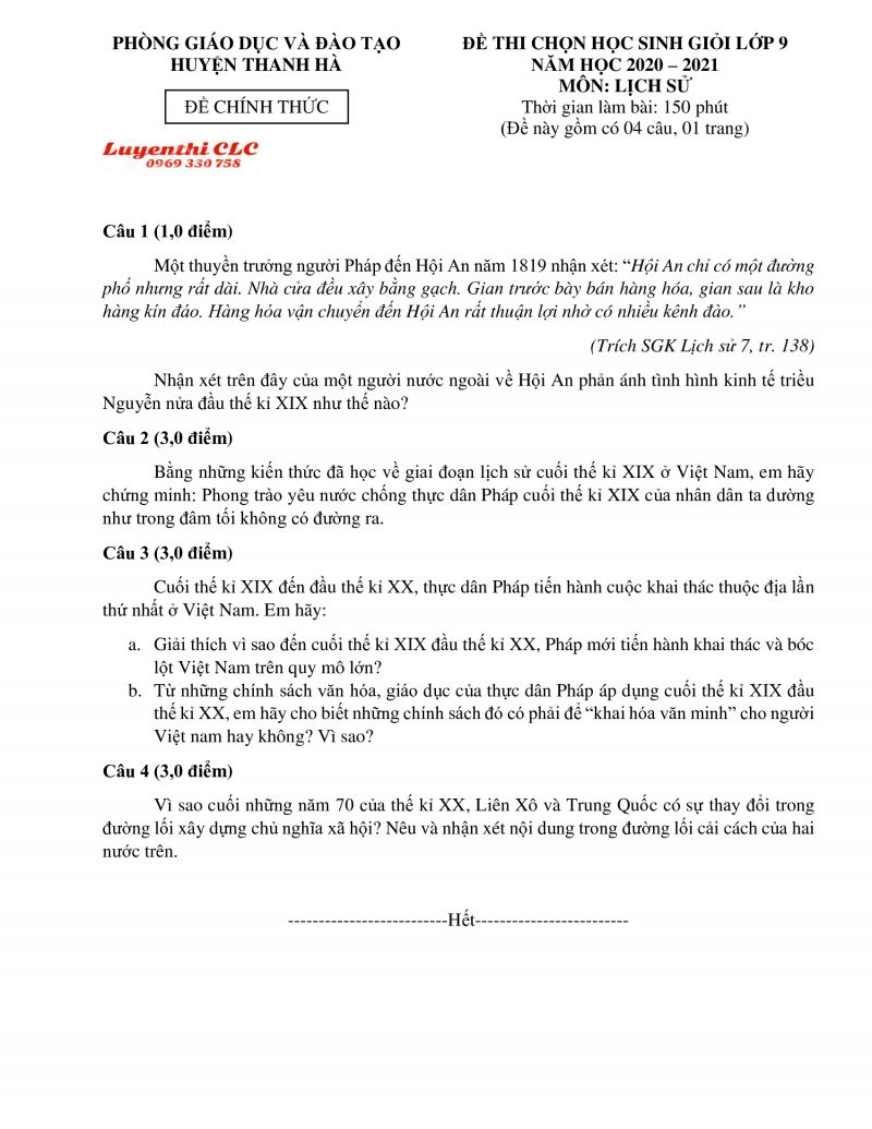 Đề thi chọn HSG môn Lịch Sử huyện Thanh Hà, tỉnh Hải Dương năm 2020