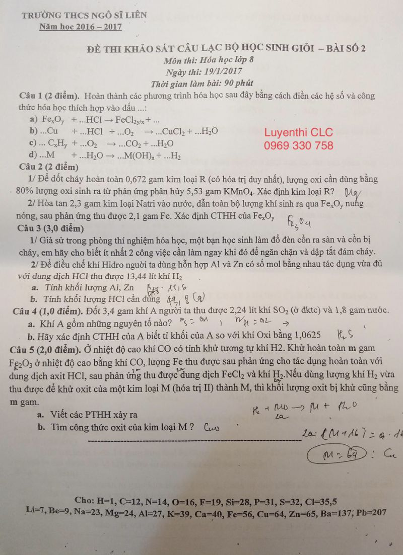 Đề thi khảo sát Câu lạc bộ HSG - Bài số 2 môn Hóa Học lớp 8 Trường THCS Ngô Sĩ Liên, Hà Nội năm 2016