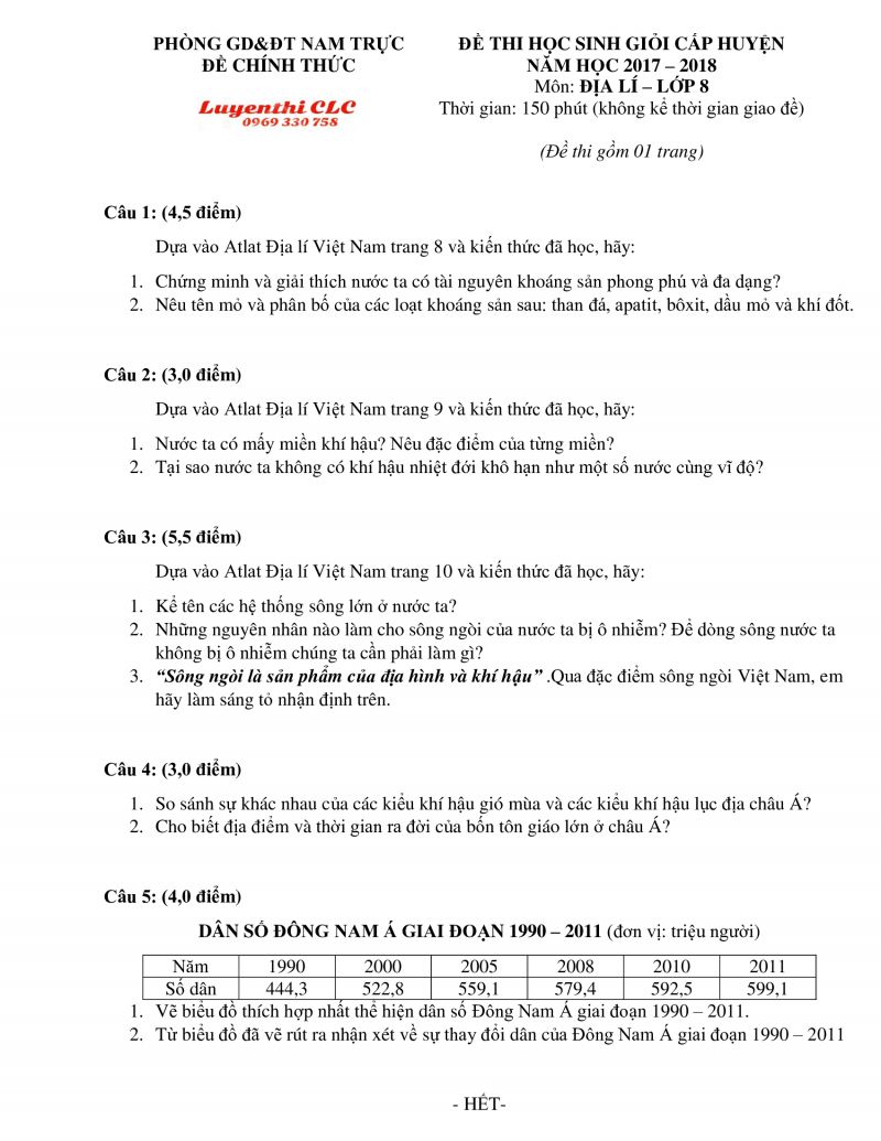 Đề thi chọn HSG m&ocirc;n Địa L&iacute; lớp 8 huyện Nam Trực, tỉnh Nam Định năm 2018