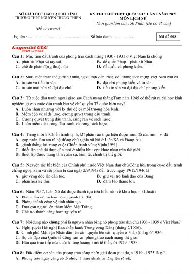 Đề thi thử THPT Quốc Gia và đáp án môn Lịch Sử Trường THPT Nguyễn Trung Thiên, tỉnh Hà Tĩnh năm 2021