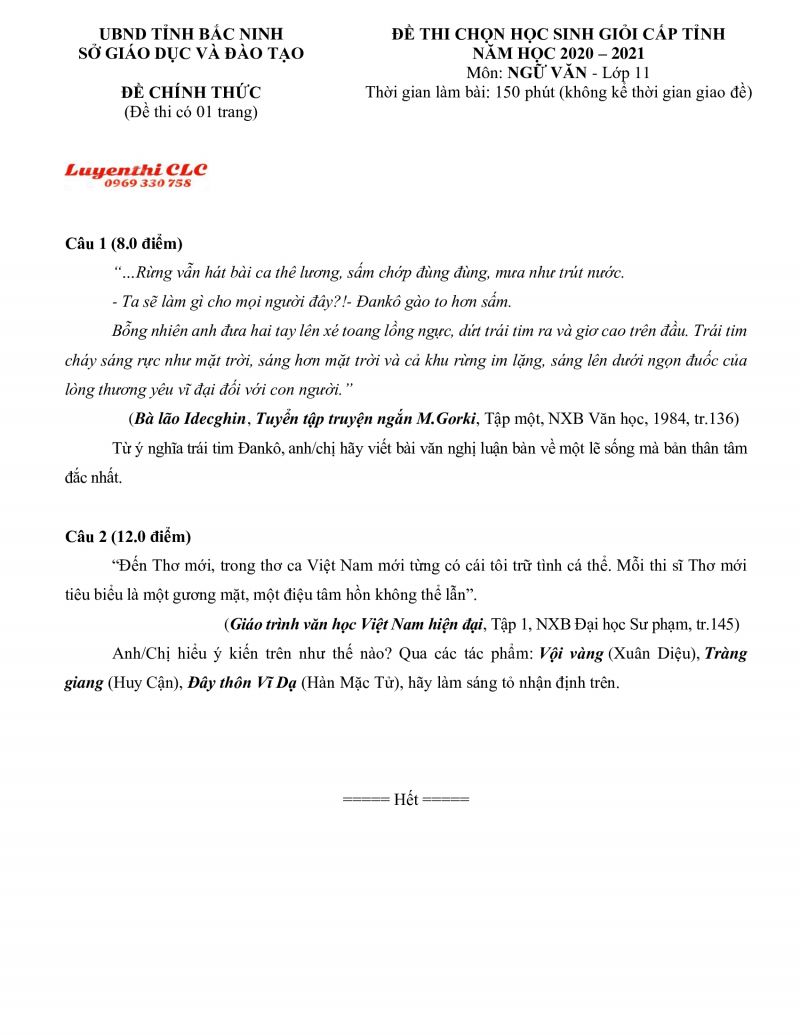 Đề thi chọn HSG môn Ngữ Văn lớp 11 tỉnh Bắc Ninh năm 2020