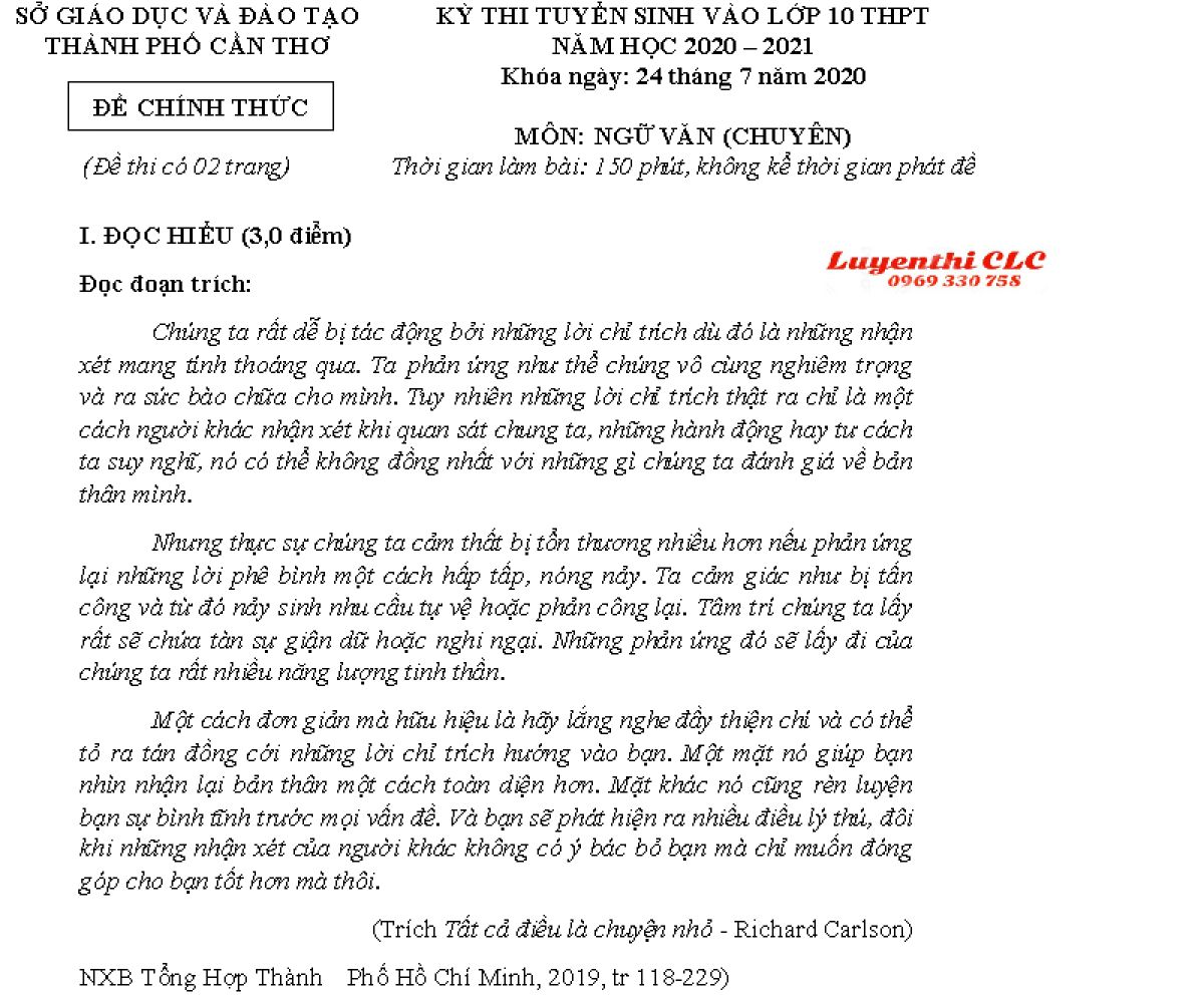 Đề thi tuyển sinh vào lớp 10 THPT môn Ngữ Văn  ( Chuyên ) tại Cần Thơ năm 2020