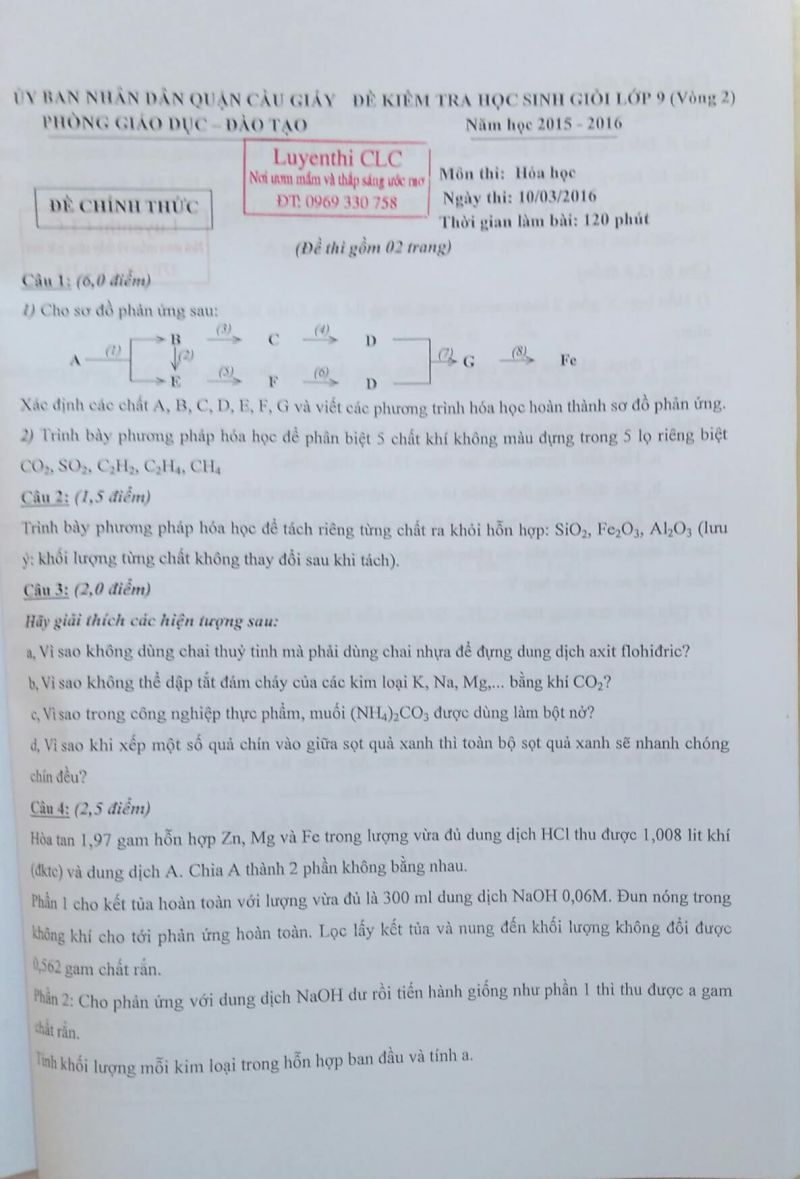 Đề kiểm tra HSG lớp 9 ( v&ograve;ng 2 ) m&ocirc;n H&oacute;a Học  quận Cầu Giấy, ng&agrave;y 10/03/2016