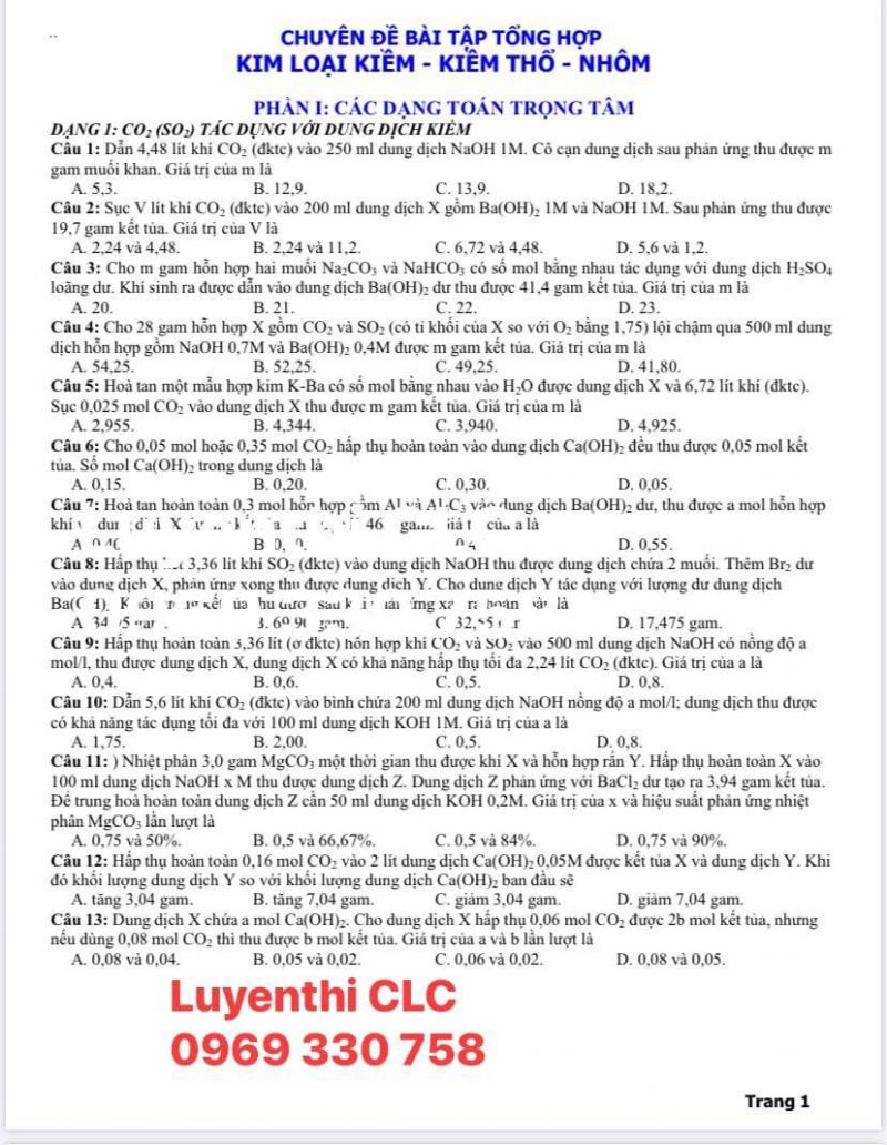 Chuyên đề bài tập tổng hợp: Kim Loại kiềm - Kiềm thổ - Nhôm
