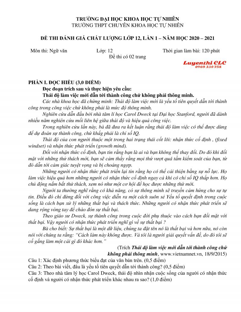 Đề thi đ&aacute;nh gi&aacute; chất lượng lớp 12 m&ocirc;n Ngữ Văn lần 1 Trường THPT CHUY&Ecirc;N KHTN, H&agrave; Nội năm 2020