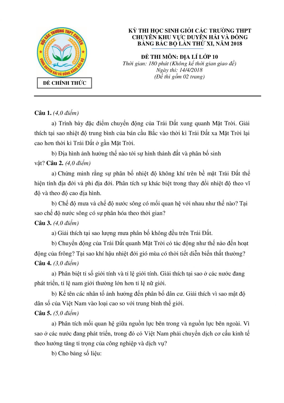 Đề thi HSG c&aacute;c trường THPT CHUY&Ecirc;N khu vực Duy&ecirc;n hải v&agrave; Đồng bằng Bắc Bộ lần thứ XI m&ocirc;n Địa L&iacute; lớp 10 năm 2018