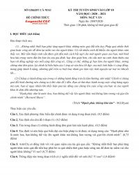 Đề thi tuyển sinh vào lớp 10 THPT môn Ngữ Văn tỉnh Cà Mau năm 2020