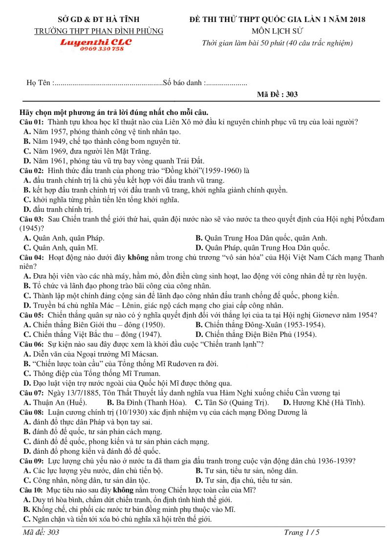 Đề thi thử THPT Quốc Gia lần 1 môn Lịch Sử tỉnh Hà Tĩnh năm 2018