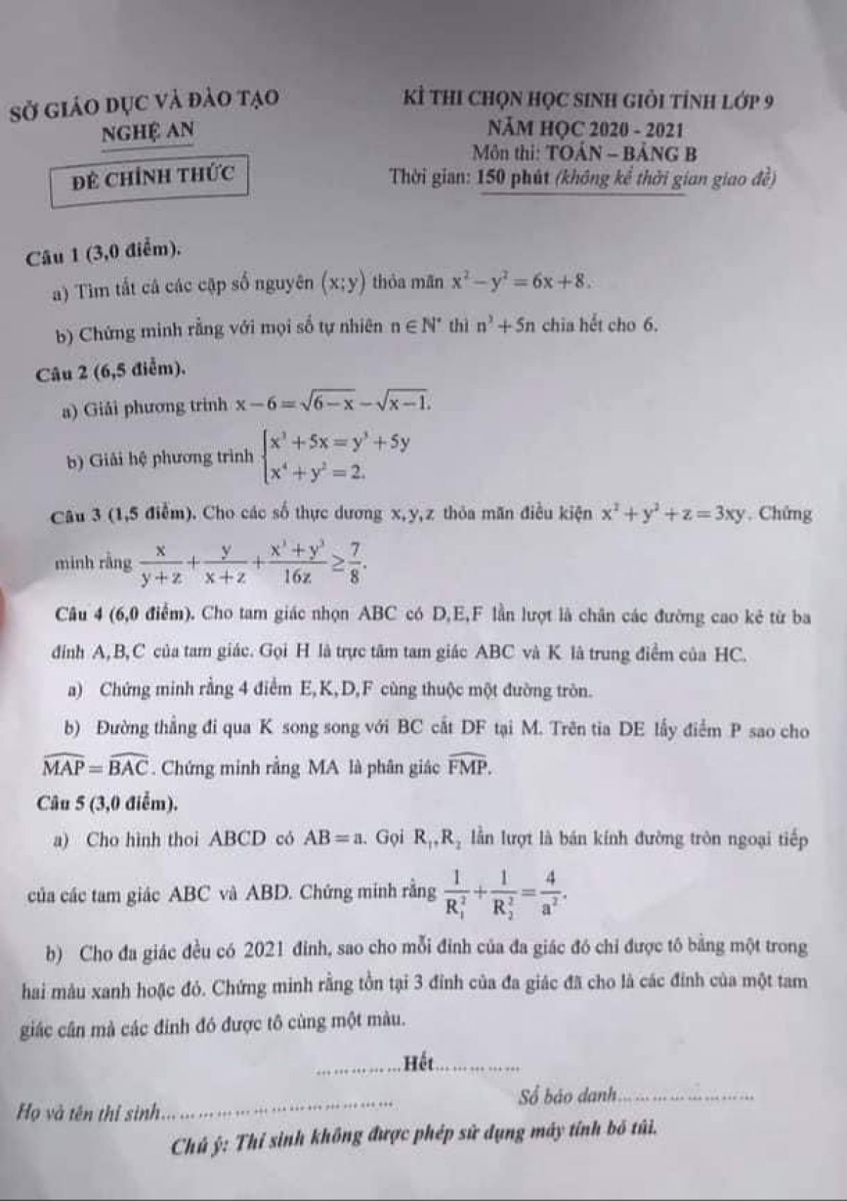 Đề thi chọn HSG m&ocirc;n To&aacute;n lớp 9 - Bảng B tỉnh Nghệ An năm 2021