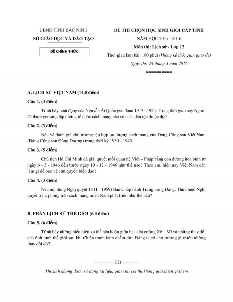 Đề thi chọn HSG cấp tỉnh môn Lịch Sử Lớp 12 tỉnh Bắc Ninh năm 2016
