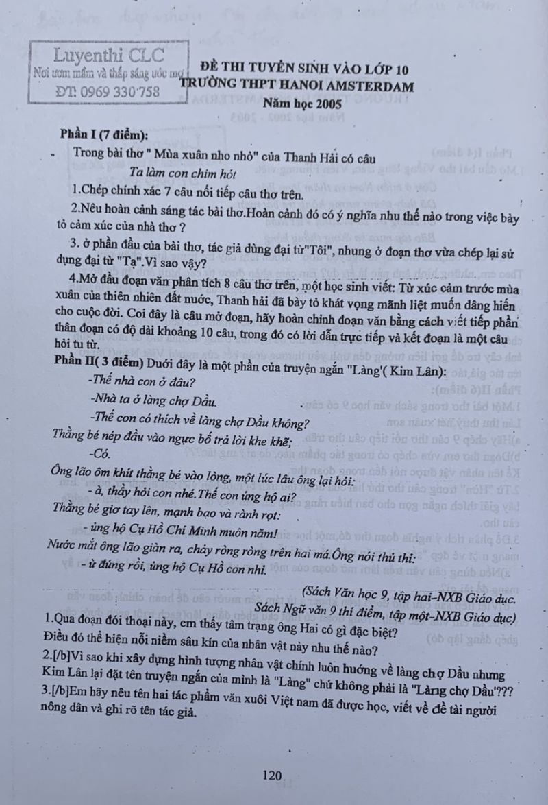 Đề tuyển sinh v&agrave;o lớp 10 m&ocirc;n Ngữ Văn Trường AMSTERDAM H&agrave; Nội năm 2005