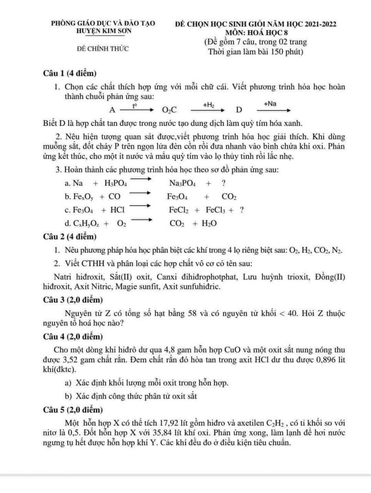 Đề thi chọn HSG v&agrave; đ&aacute;p &aacute;n m&ocirc;n H&oacute;a Học lớp 8 huyện Kim Sơn tỉnh Ninh B&igrave;nh năm 2022