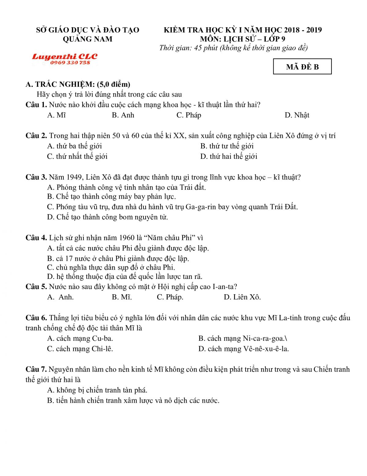 Đề kiểm tra học kì I môn Lịch Sử lớp 9 tỉnh Quảng Nam năm 2017