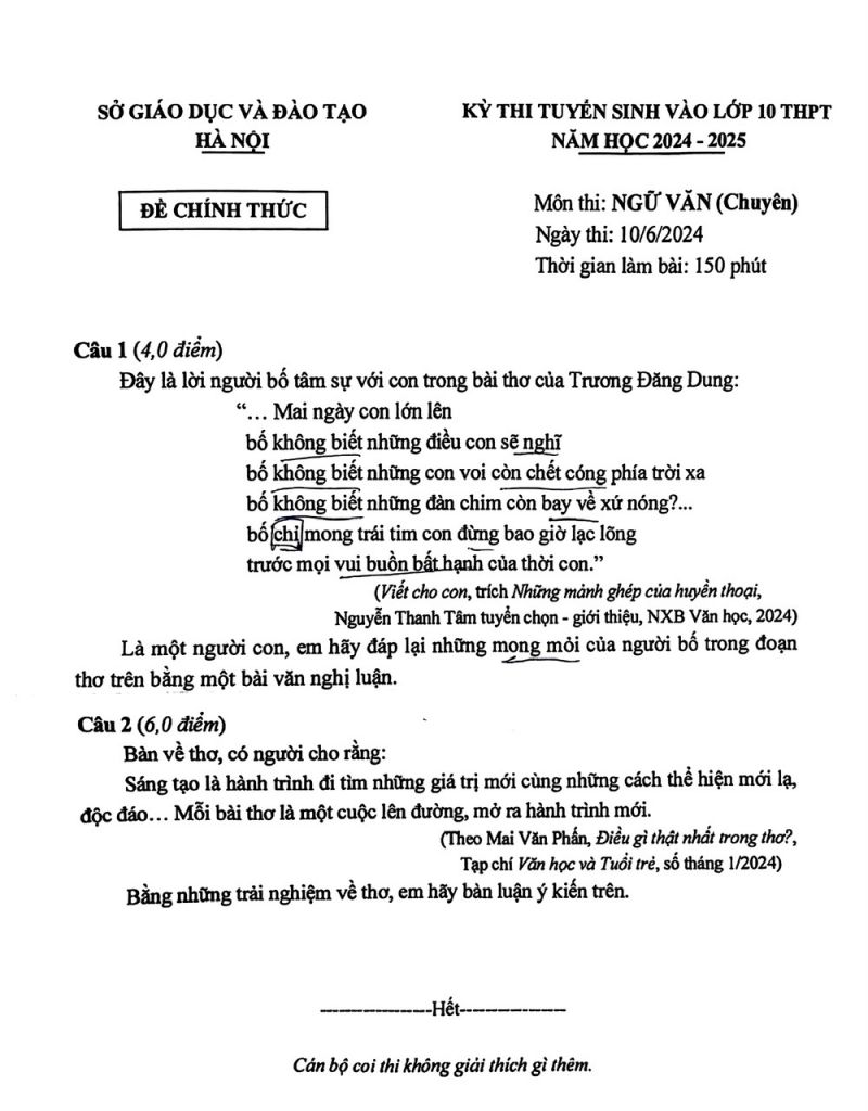 Đề thi vào lớp 10 THPT chuyên môn Ngữ Văn sở GD&amp;ĐT TP Hà Nội năm 2024-2025