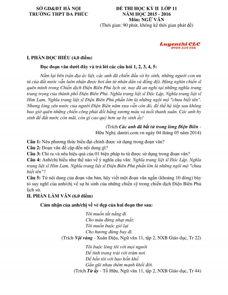 Đề thi học kì II lớp 11 môn Ngữ Văn Trường THPT Đa Phúc tại Hà Nội năm 2015
