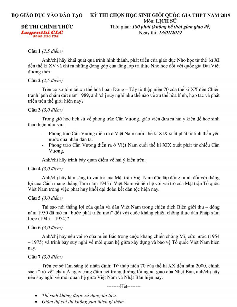 Đề thi chọn HSG Quốc Gia THPT môn Lịch Sử năm 2019