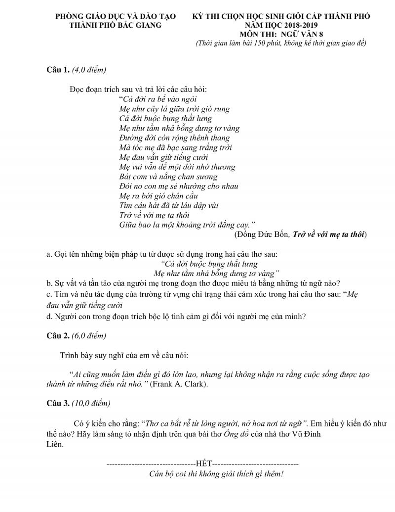 Đề thi chọn HSG văn h&oacute;a m&ocirc;n Lịch Sử lớp 8 tỉnh Bắc Giang năm 2018