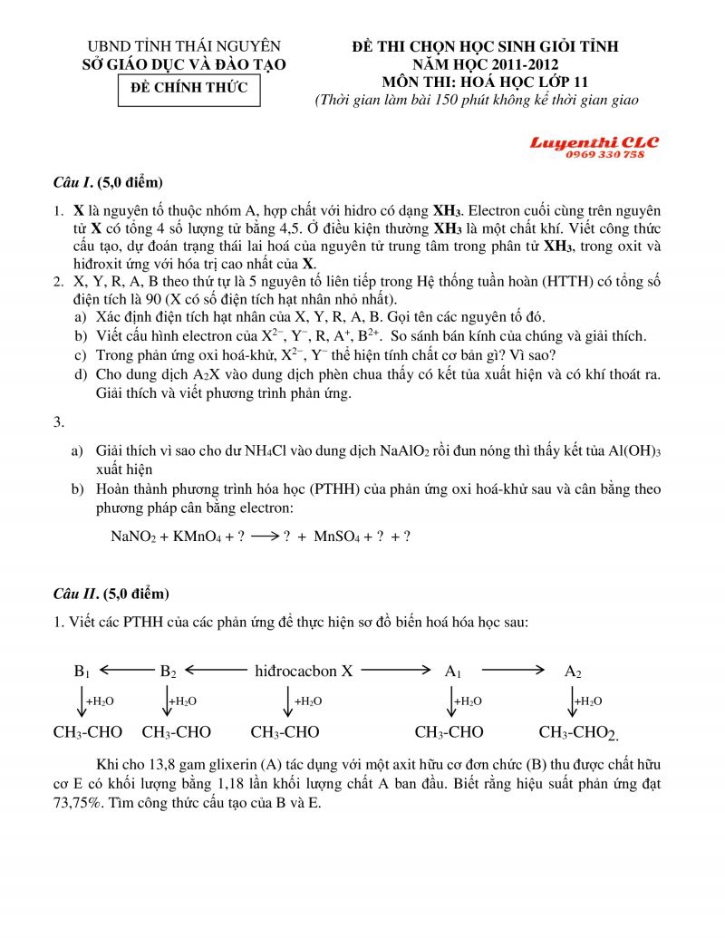 Đề thi chọn HSG môn Hóa Học lớp 11 tỉnh Thái Nguyên năm 2012