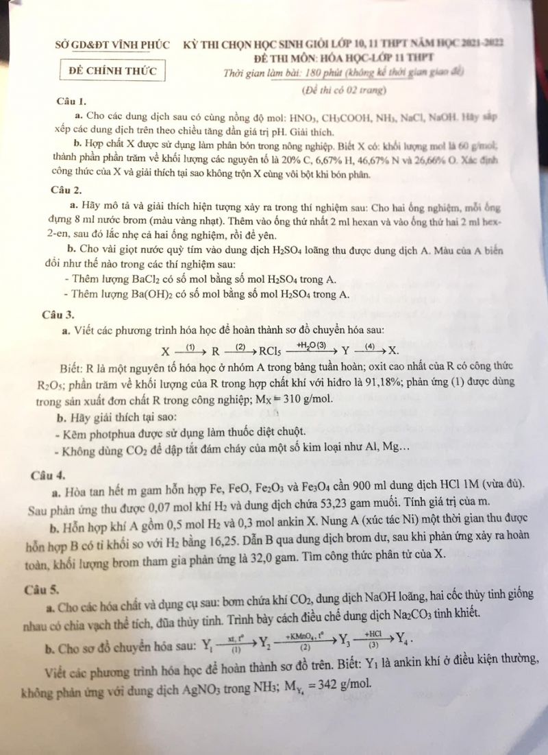 Đề thi chọn HSG m&ocirc;n H&oacute;a Học lớp 11 THPT tỉnh Vĩnh Ph&uacute;c năm 2022