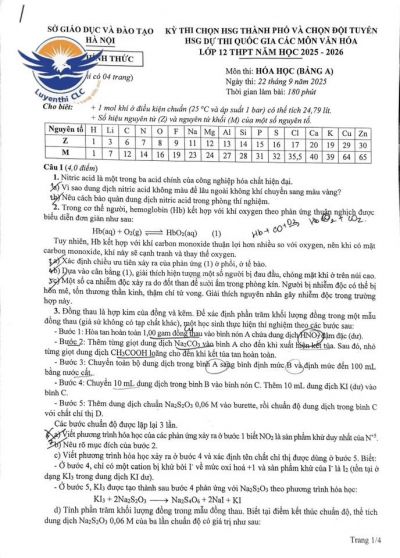 ĐỀ THI CHỌN HSG THÀNH PHỐ VÀ CHỌN ĐỘI TUYẾN HSG DỰ THI QUỐC GIA CÁC MÔN VĂN HÓA LỚP 12 THPT NĂM HỌC 2025 - 2026  Môn thi_ HÓA HỌC (BÁNG A) - Sở GD&amp;ĐT Hà Nội