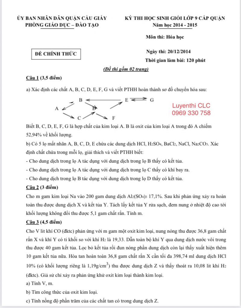 Tuyển tập một số đề thi chọn HSG v&agrave; đ&aacute;p &aacute;n m&ocirc;n H&oacute;a Học lớp 9 quận Cầu Giấy ,H&agrave; Nội qua c&aacute;c năm