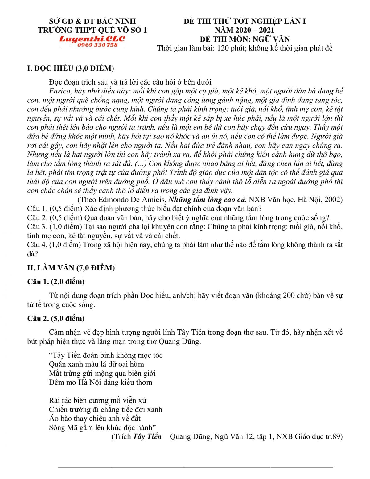 Đề thi thử tốt nghiệp lần 1 m&ocirc;n Ngữ Văn tỉnh Bắc Ninh năm 2021