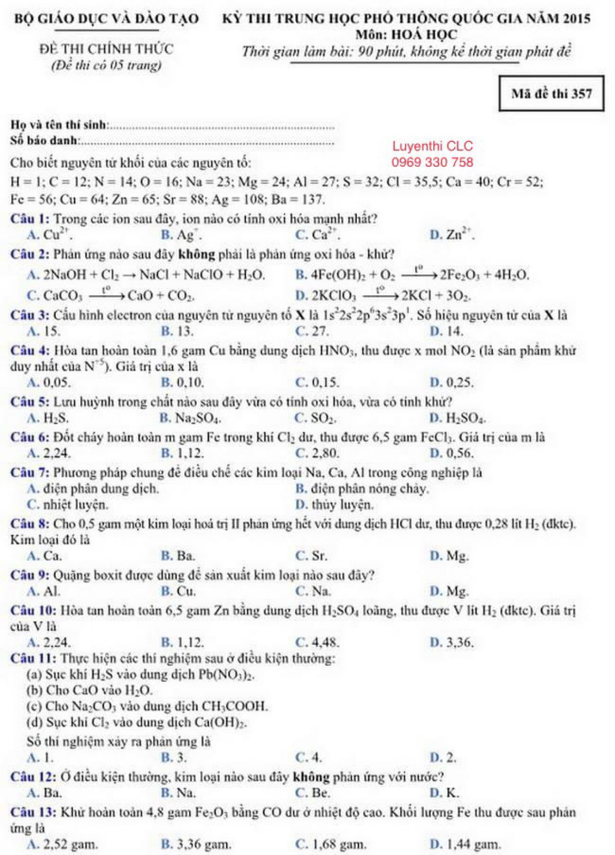 Đề thi THPT Quốc Gia  v&agrave; đ&aacute;p &aacute;n m&ocirc;n H&oacute;a Học năm 2015