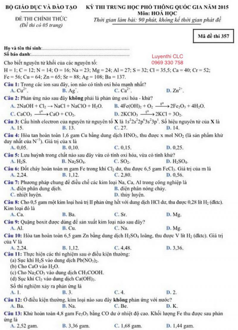 Đề thi THPT Quốc Gia  và đáp án môn Hóa Học năm 2015