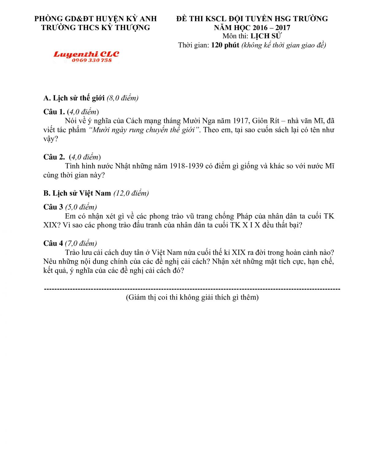 Đề thi KSCL đội tuyển HSG  trường m&ocirc;n Lịch Sử Trường THCS Kỳ Thượng tỉnh H&agrave; Tĩnh năm 2016