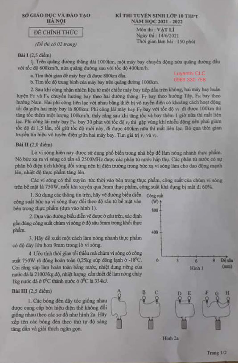 Đề thi tuyển sinh v&agrave;o lớp 10 THPT m&ocirc;n Vật L&iacute; tại H&agrave; Nội năm 2021