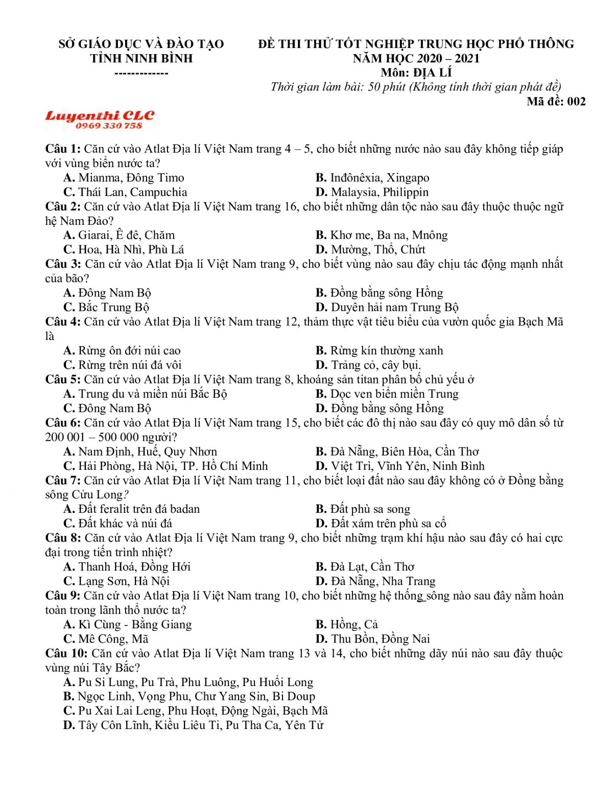 Đề thi thử tốt nghiệp THPT m&ocirc;n Địa L&iacute; tỉnh Ninh B&igrave;nh năm 2021