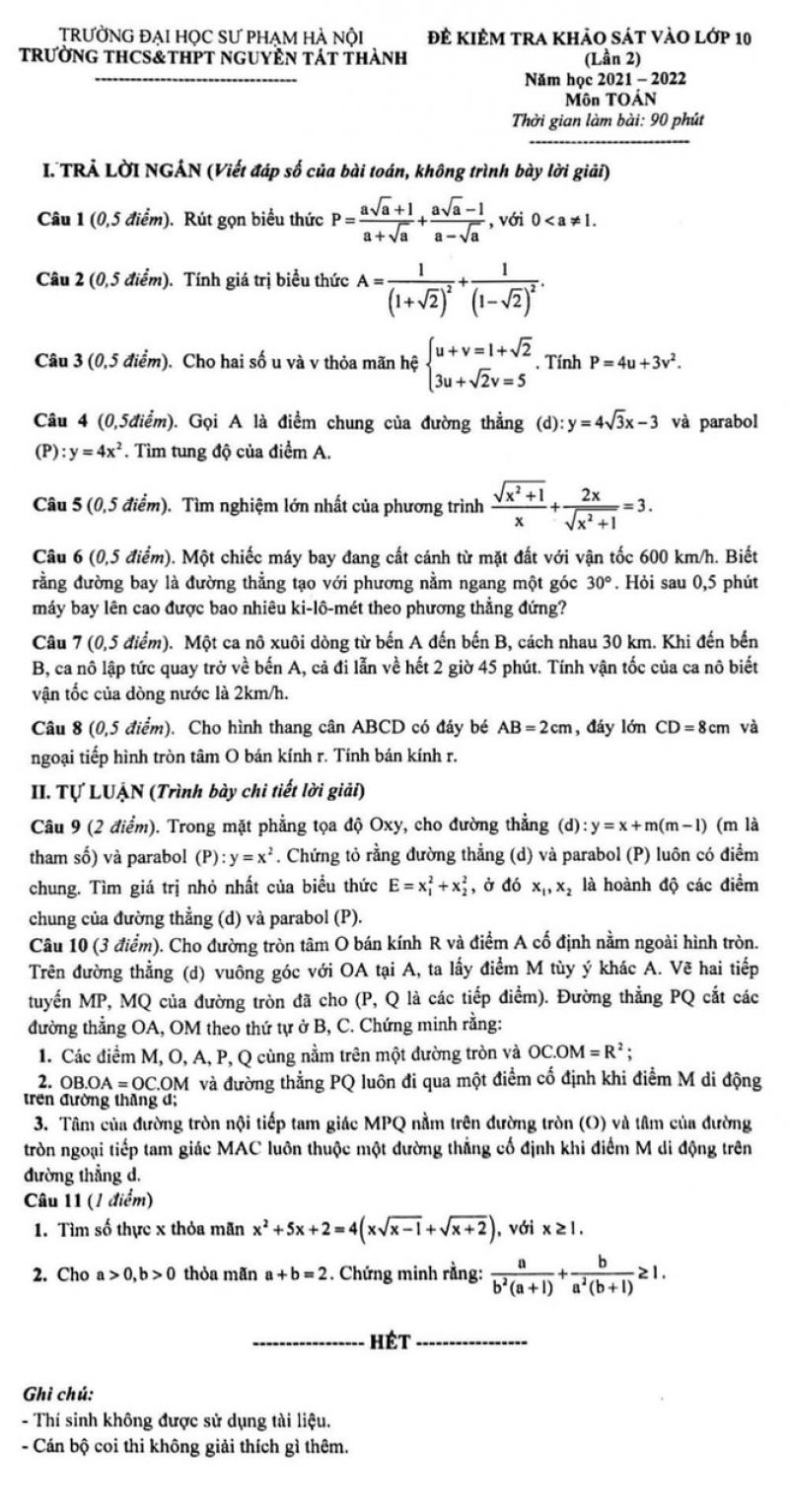 Đề kiểm tra khảo s&aacute;t v&agrave;o lớp 10 m&ocirc;n To&aacute;n Trường THCS &amp; THPT Nguyễn Tất Th&agrave;nh Đại học Sư phạm H&agrave; Nội năm 2022
