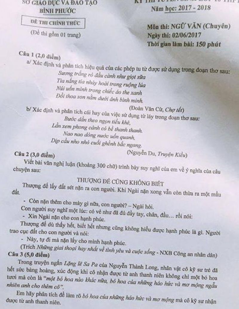 Đề thi tuyển sinh vào lớp 10 THPT môn Ngữ Văn (chuyên) tỉnh Bình Phước năm 2017