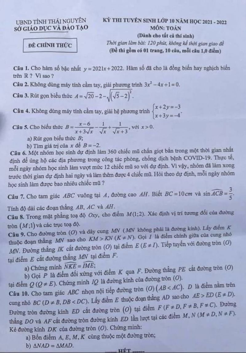 Đề thi tuyển sinh v&agrave;o lớp 10 THPT m&ocirc;n To&aacute;n tỉnh Th&aacute;i Nguy&ecirc;n năm 2021