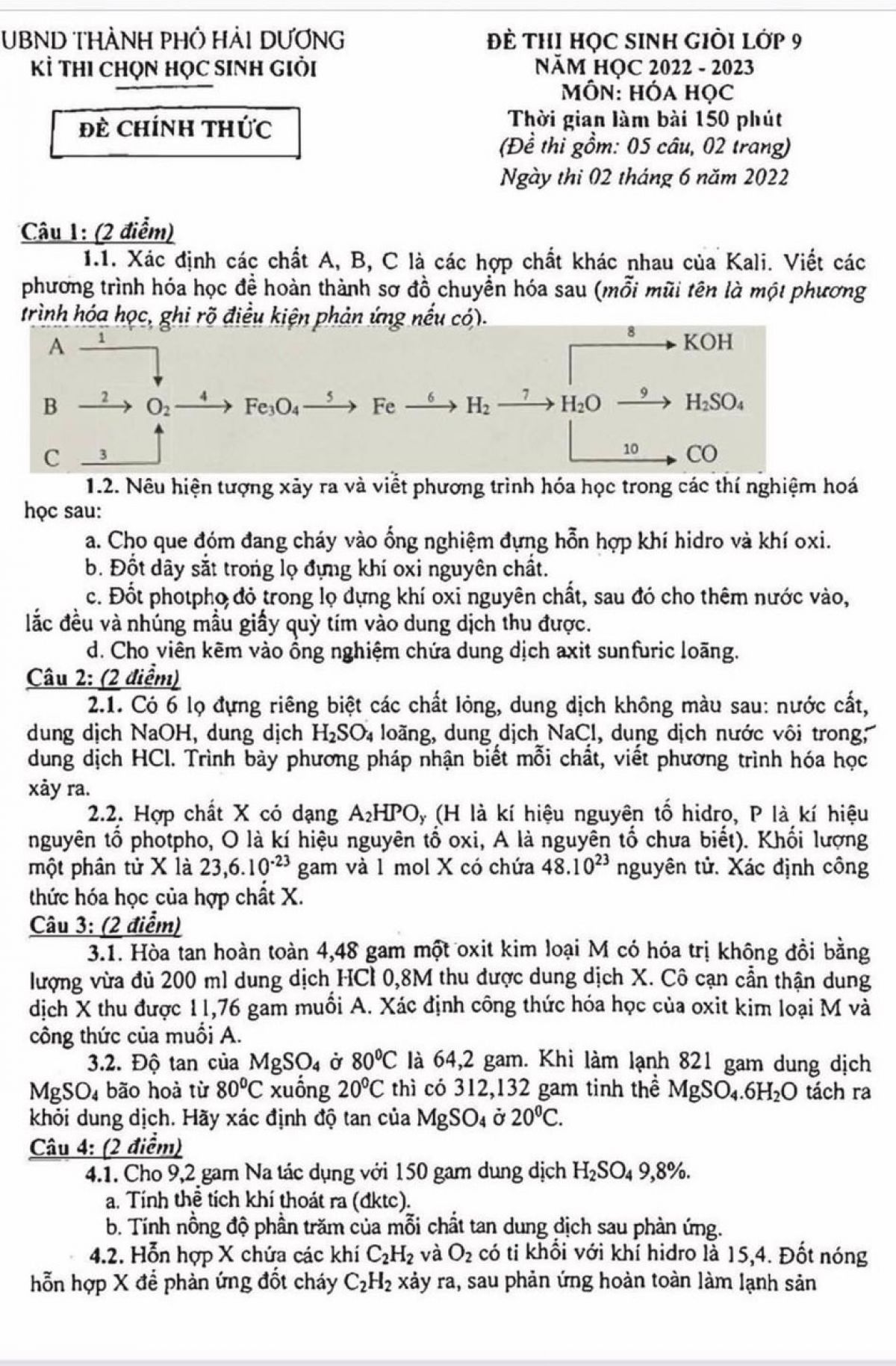 Đề thi chọn HSG m&ocirc;n H&oacute;a Học lớp 9 tại th&agrave;nh phố Hải Dương năm 2022