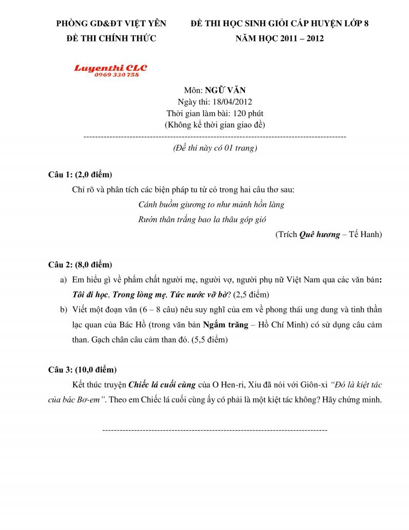 Đề thi HSG cấp huyện môn Ngữ Văn lớp 8 huyện Việt Yên, tỉnh Bắc Giang năm 2012
